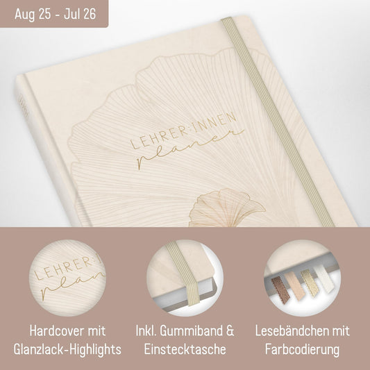 Häfft® Teacher Planner 2025/2026 A5 + "Beige Ginkgo" Hardcover Teacher Calendar/School Year Planner with 236 pages, stickers, and more - sustainable & climate-friendly.