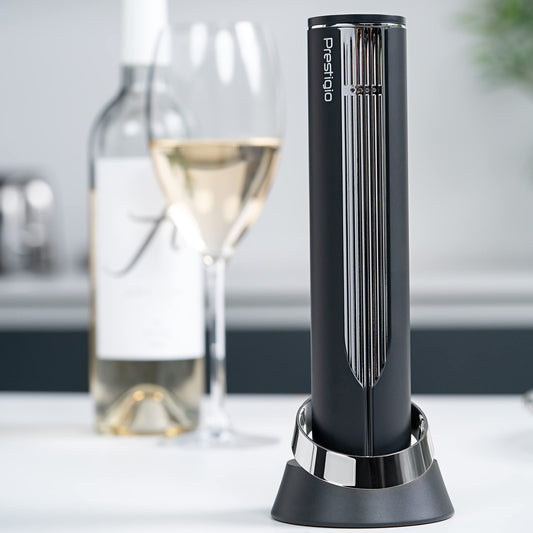 Prestigio Maggiore Corkscrew Electric - Premium Wine Bottle Opener with Charging Station - Built-in Foil Cutter - Packaged in high-quality gift box - Black/Silver