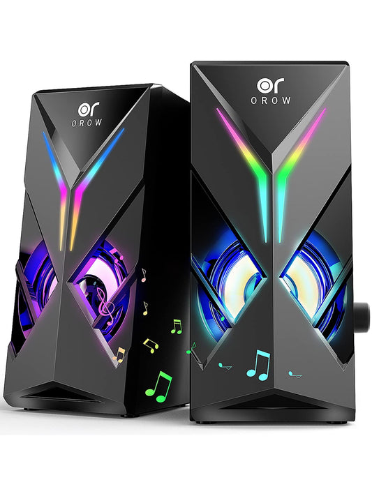 OROW PC speaker, 10W RGB gaming speaker for PC. USB-powered, 3.5mm jack, desktop speaker with colorful LED light. Mini computer speaker (S201).