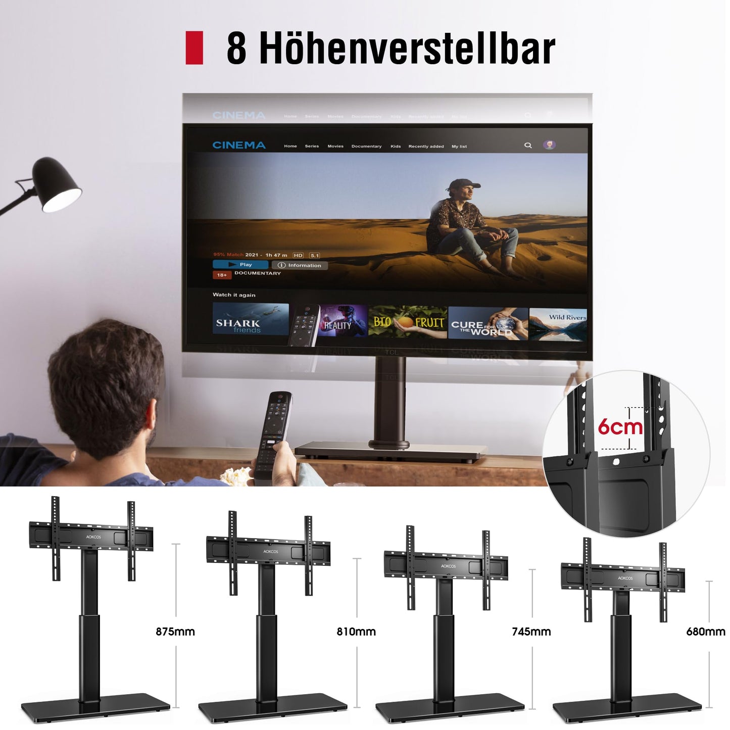 AOKCOS TV stand base TV stand height 1130mm for 43-75 85 inch TVs, tiltable swivel adjustable height TV stand, universal TV stand feet base Max VESA 600x400mm 50KG (black)