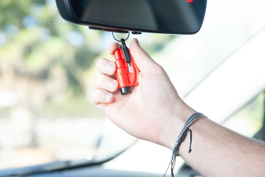 RESQME 3-pack family set, the original emergency keychain car escape tool, 2-in-1 seatbelt cutter and window breaker, Made in USA, Orange, Black, Pink.