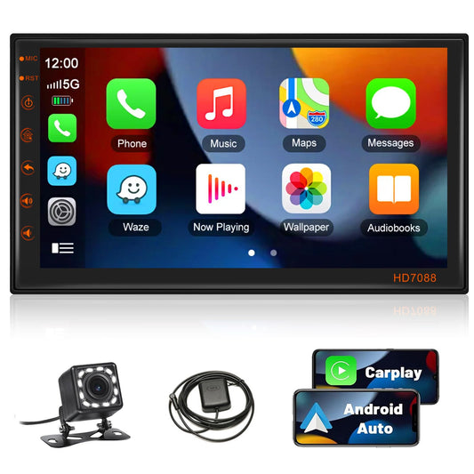 Podofo 2 Din car stereo with wireless Apple Carplay, Android Auto, Bluetooth. Android 13 Double Din car radio with 7-inch touchscreen display, WiFi, GPS, FM/RDS + rearview camera.