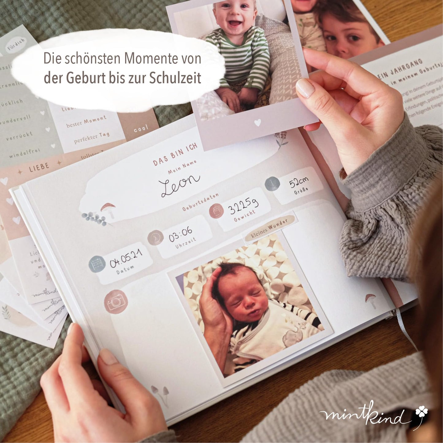 mintkind® Childhood Memory Album Beige, Baby Book with Sticker Set, Birth Gift, Children's Photo Album, Diary for Entries, Memory Book 0-10 Years, Hardcover Album