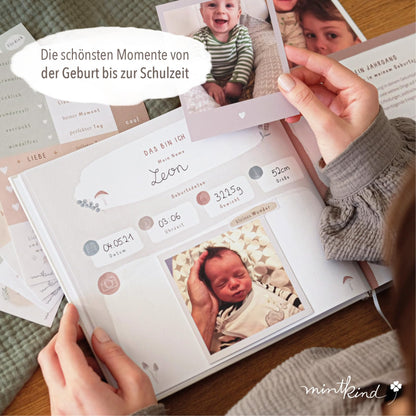 mintkind® Childhood Memory Album Beige, Baby Book with Sticker Set, Birth Gift, Children's Photo Album, Diary for Entries, Memory Book 0-10 Years, Hardcover Album