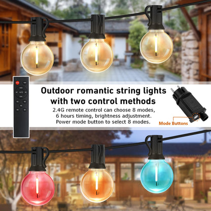 HOUHUI Outdoor String Lights 15M, RGBW with Remote Control, G40 Dimmable LED Hanging Lights Color Changing, Waterproof Christmas Lights for Weddings, Parties, 25+2 G40 Bulbs