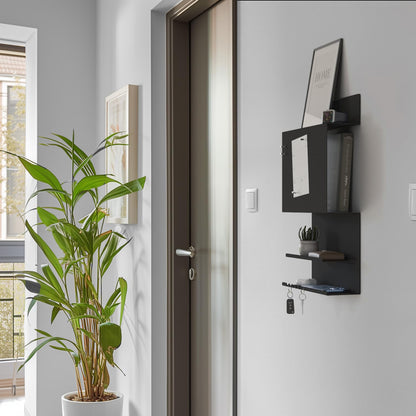 Offer wall organizer Hepe made of steel structure. 30 x 9 x 49 cm 3-in-1 wall shelf with magnetic board and magnets. Board for keys, newspapers, and notes. Black color.
