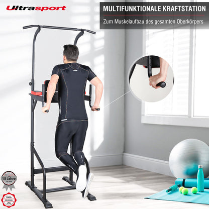 Ultrasport Power Tower, multifunctional fitness station for home use, dip station, pull-up bar, push-up handles, adjustable height, Black - Red.