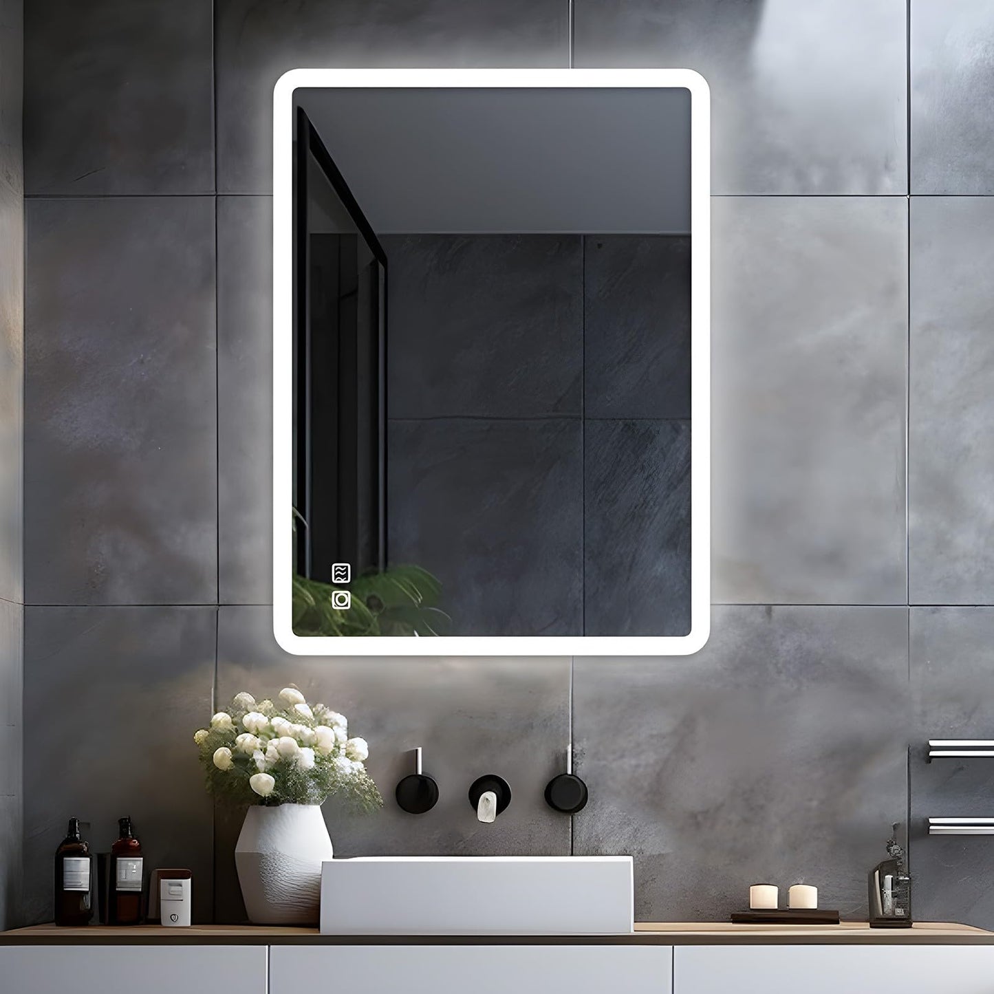 LISA LED bathroom mirror with lighting 60x50 cm, large bathroom mirror with touch dimmable warm white/cold white light. Anti-fog wall mirror for bathroom, toilet, hallway. Rounded corners.