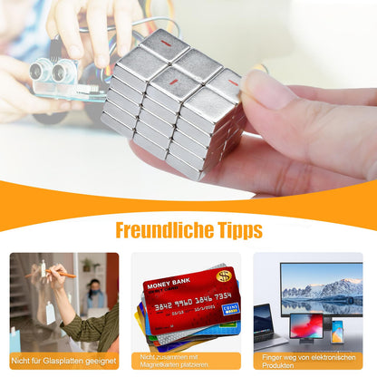 60 small powerful magnets, 10x10x4mm neodymium magnets, extra strong. The N-pole direction of the rectangular magnet is marked with "I". Ideal for kitchen cabinets and magnetic boards.