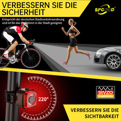 SPGOOD Bike Light Set, StVZO Approved Bicycle Lighting, Bike Light USB Rechargeable Type-C, Front and Rear Bike Light, IPX5 Waterproof Bike Lights