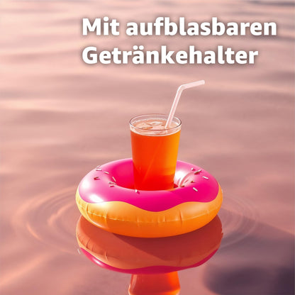 4X XXL Inflatable bitten brown + pink Donut with Bite Swim Ring for Pool, with 4X inflatable drink holders for cocktails, drinks and more.