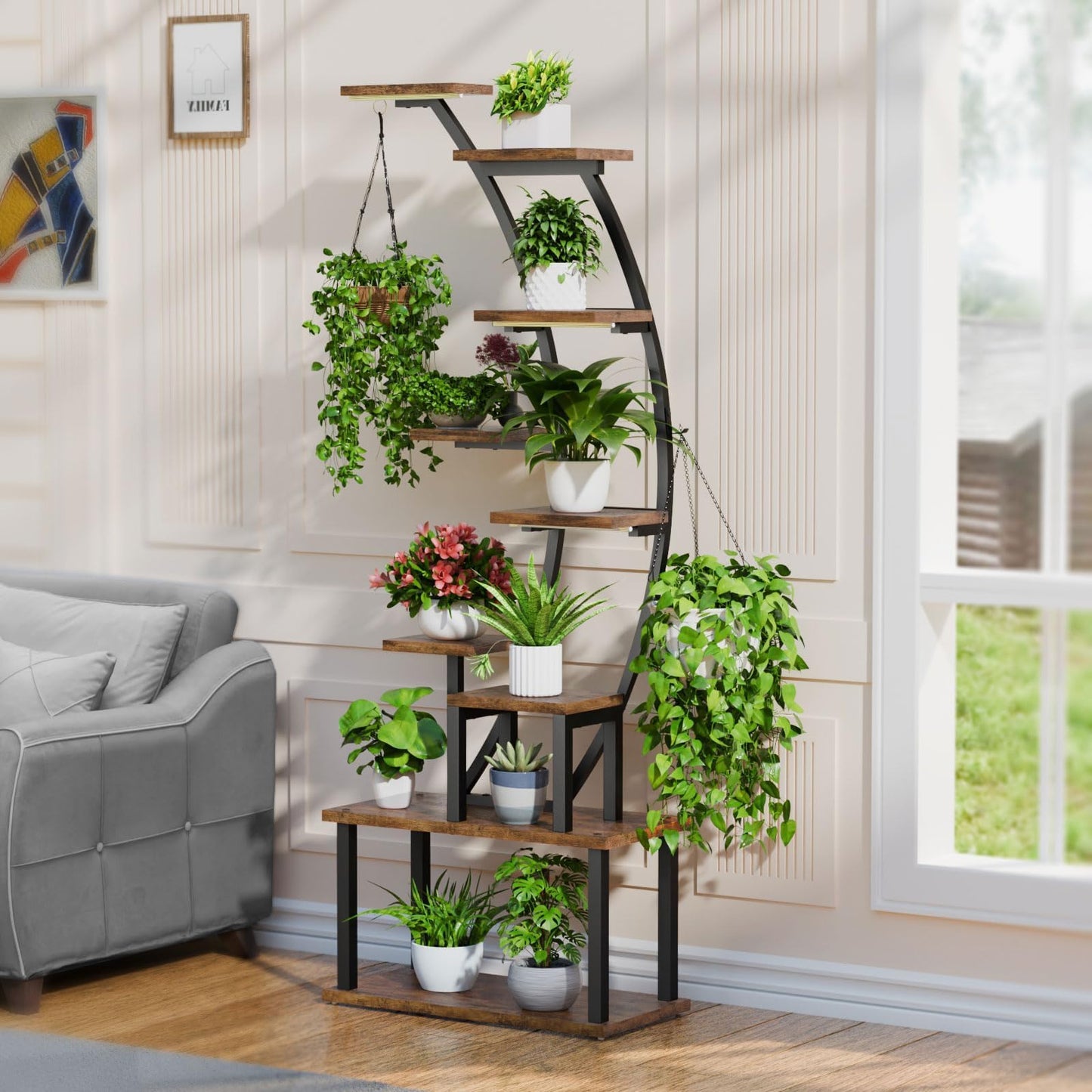 BACEKOLL Indoor Plant Stand: 9-tier metal plant shelf, 160cm tall, accommodates multiple houseplants, corner flower rack for living room, patio, metal/wood, black.