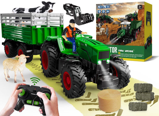 PENGBU RC Remote Control Tractor with Trailer, 2.4 GHz Remote Control Toy Tractor, Kids Tractor Remote Control with Front Loader, Trailer, Cow, Sheep, and Hay Bales for ages 3-8.