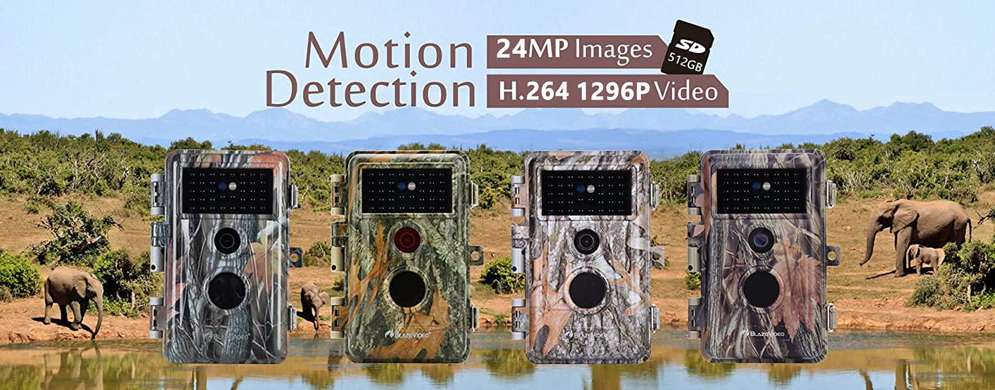 BlazeVideo 48MP wildlife camera with night vision, 1296P H.264 MPV video, motion detector, night vision, time-lapse, IP66 waterproof and 2.4" screen.