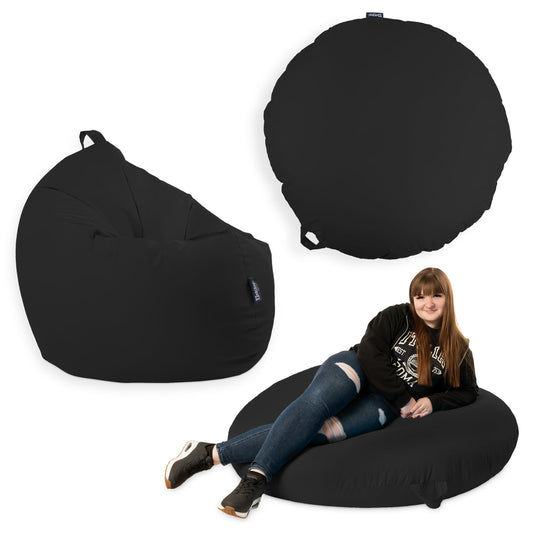 BuBiBag Premium 2-in-1 bean bag with filling for kids & adults | for outdoor & indoor use | seat cushion floor pillow | play & relax | water and dirt repellent (Black, 100 cm)