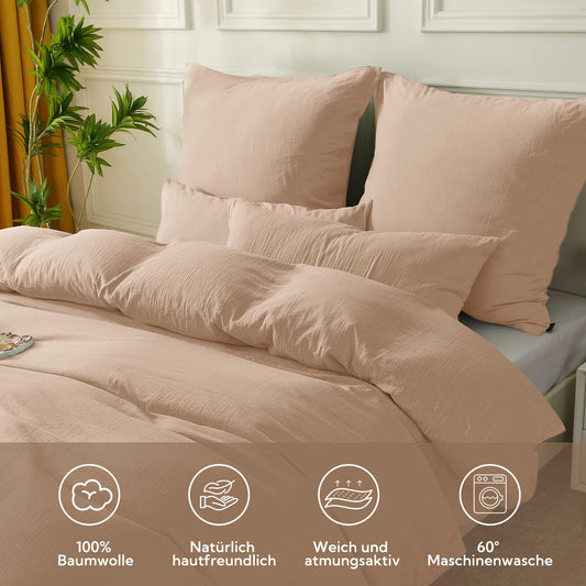 SOULFUL Double Muslin Bedding 135x200 Cotton, Bedding Sets 1 Set Duvet Cover with 1 Pillowcase 80x80 cm, ÖKO-TEX Bedding Apricot Brown with Zipper