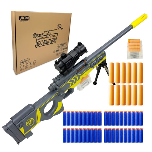 AGM MASTECH AWM Shell-Throwing Blaster Shot Gun comes with 40 official darts, 4-dart clip, 2 magazines. Blaster toy set for boys, kids, and adults (grey).