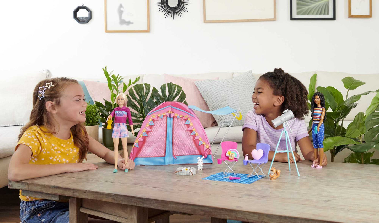 Barbie Adventure Camping Playset with tent, 2 Barbie dolls, camping accessories, and animals. Gift for kids ages 3 and up.