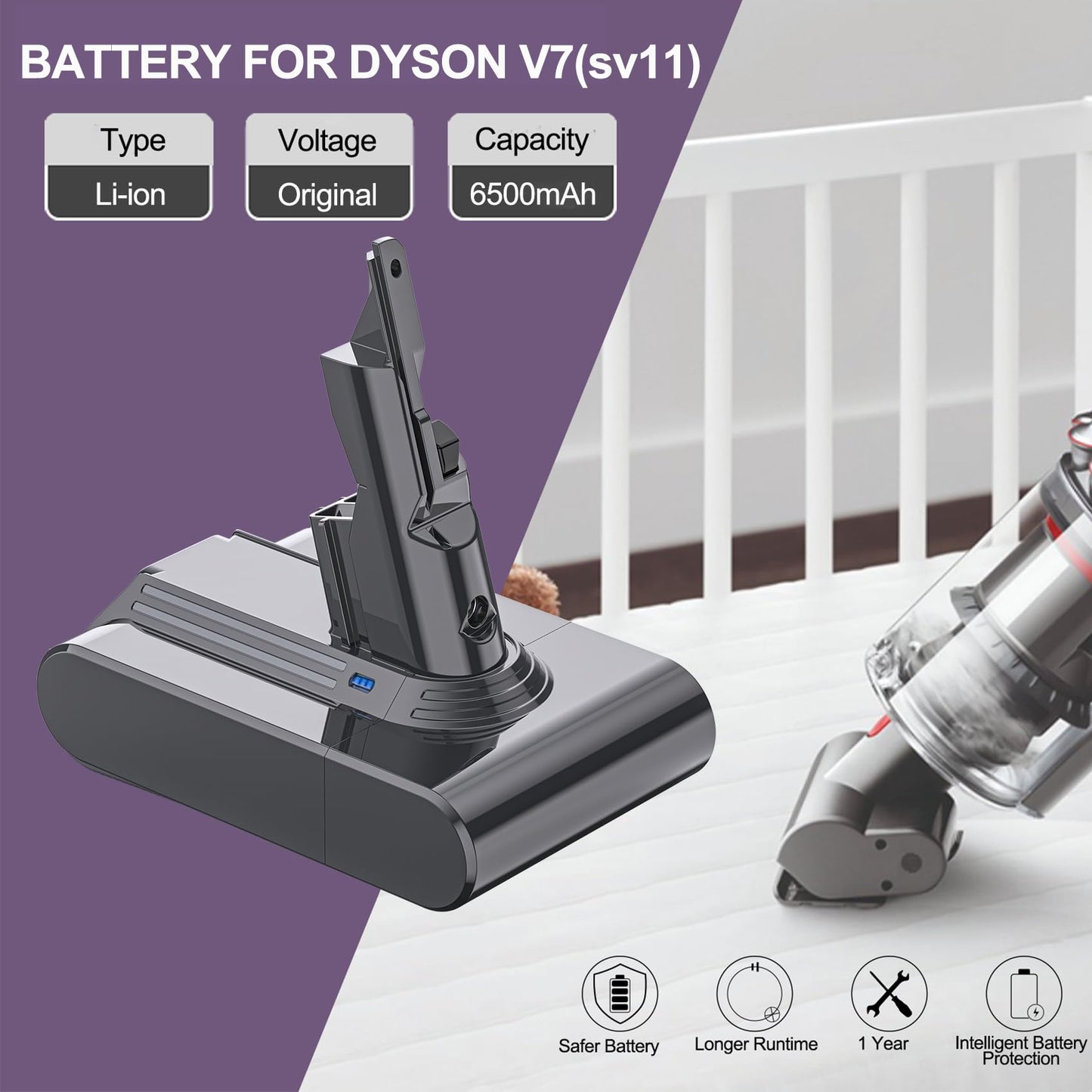 Battery for Dyson V7, LONGFIT 6500mAh SV11 Li-ion Replacement Battery for V7 Motorhead Animal Trigger Cord-Free HEPA Fluffy Vacuum Original