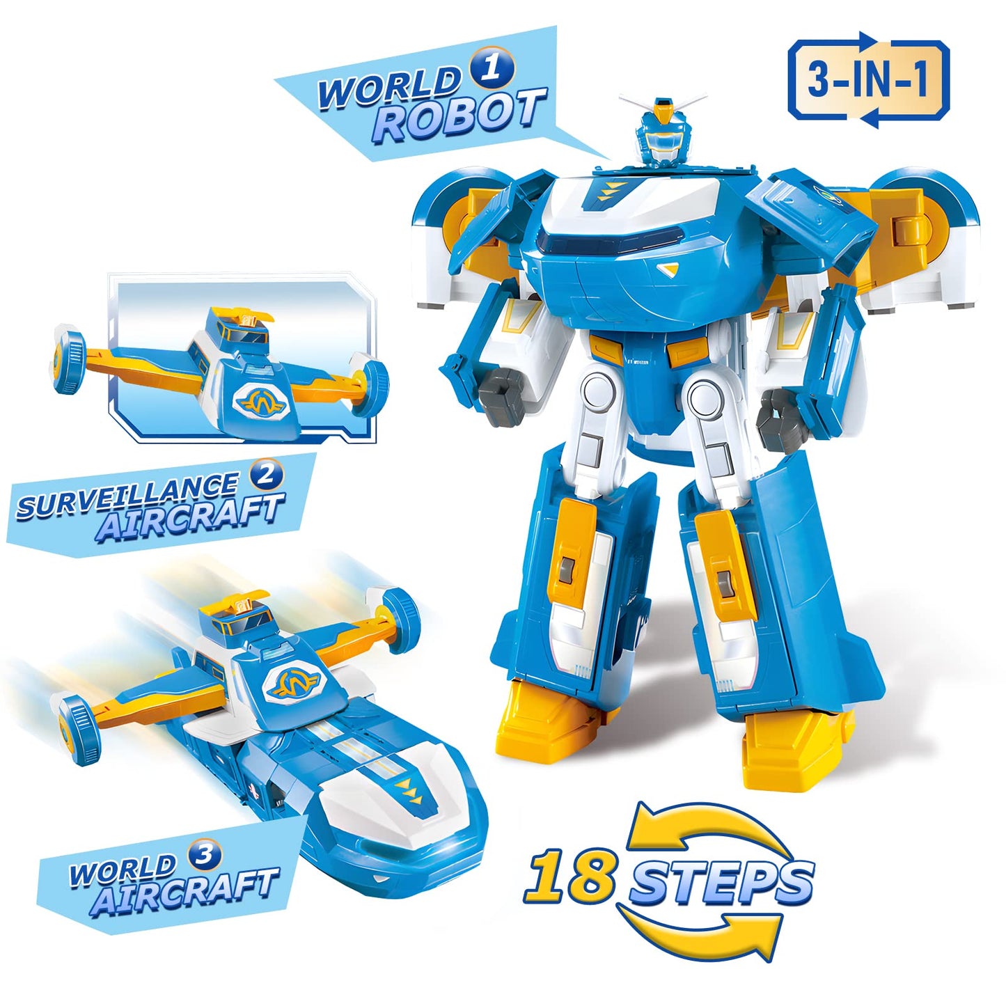 Super Wings 3-in-1 World Aircraft transforming robot with light and sound effects, featuring a 2'' transformable robot Jett. Transformable toy for girls and boys aged 3 and up, in blue.