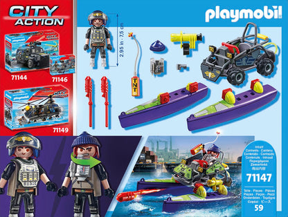 PLAYMOBIL City Action 71147 SWAT Multi-Terrain Quad, convertible SWAT speedboat, toy for kids ages 5 and up.