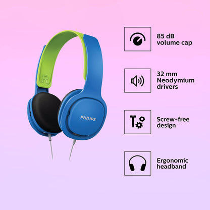 Lenco CD-011 Portable CD Player Walkman - Diskman - CD Walkman - Blue & Philips SHK2000BL/00 Over Ear Kids Headphones, Colored LED Lights, 85dB Volume Limitation, Noise Isolating