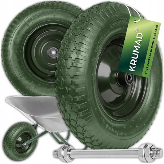 KRUMAD wheelbarrow wheel, puncture-proof, maintenance-free, steel rim, double ball bearings, includes axle, spare wheel for wheelbarrow & transport carts, 4.80/4.00-8, 200 kg load capacity, dark green (PU foam)