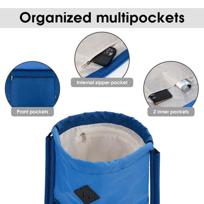 WANDF Drawstring Backpack, Sports Gym Bag with Wet Pocket, Water-Resistant Drawstring, Cinch Bag for Men and Women (Blue with Shoulder Padding)