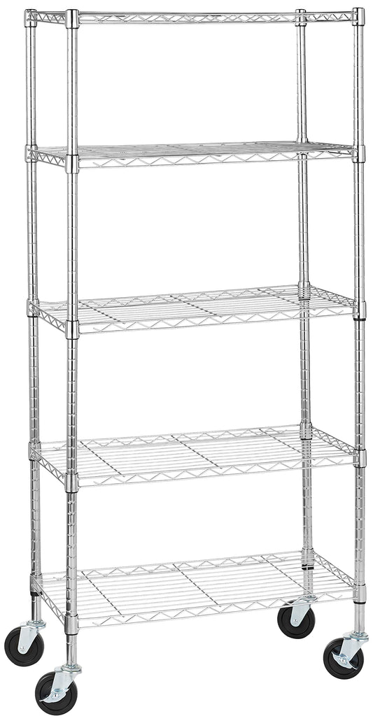 Amazon Basics 5-Shelf Storage Unit, Medium on 4-inch casters with adjustable shelves and leveling feet, max. 1,500 lbs, Chrome, 14 x 30 x 65 inches (D x W x H)