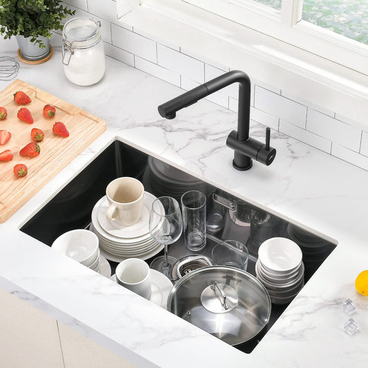 Kitchen sink, 1 basin, 70 x 44 cm, Auralum stainless steel sink with drain and plug, washbasin, for kitchen installation, with floral or undermount design, black sink