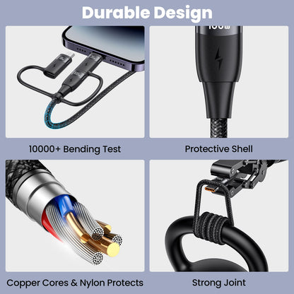 100W multi-USB cable, 6 in 1 multi charging cable USB C cable PD 5A fast charging cable USB A/C to USB C [100W] / iP [30W] / Micro [18W] Multiple universal charging cable for laptop tablet phone, 1.2M black