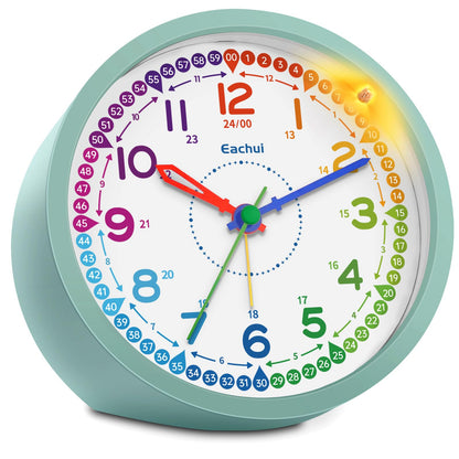 Eachui analog alarm clock for kids without ticking for boys and girls - learning alarm clock with night light, snooze, and battery operated analog quartz alarm clock, easy to set up (green)