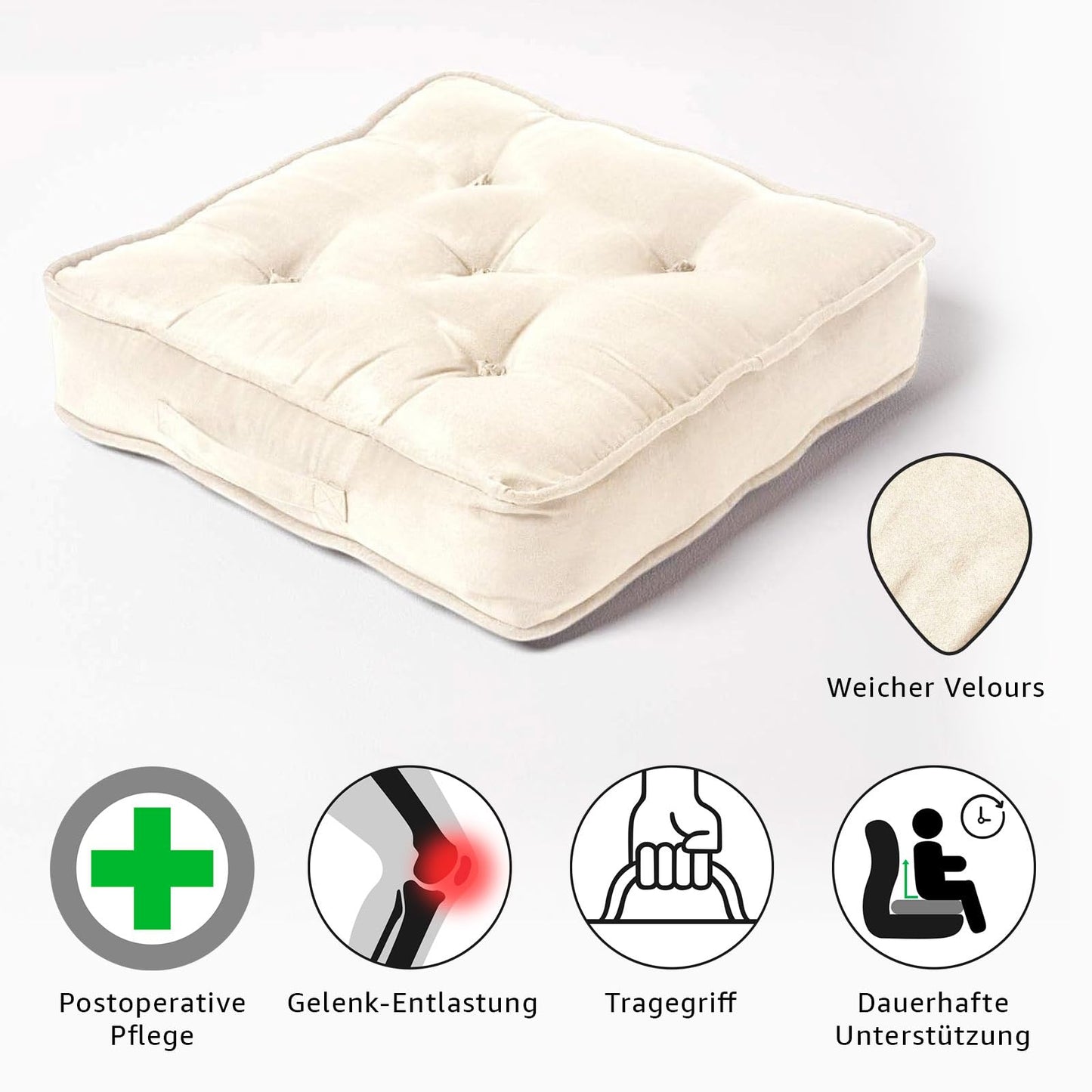 Homescapes Thick Seat Cushion 50x50 cm Cream, 10 cm high chair pad/seat booster with velour cover, solid floor cushion with carrying handle