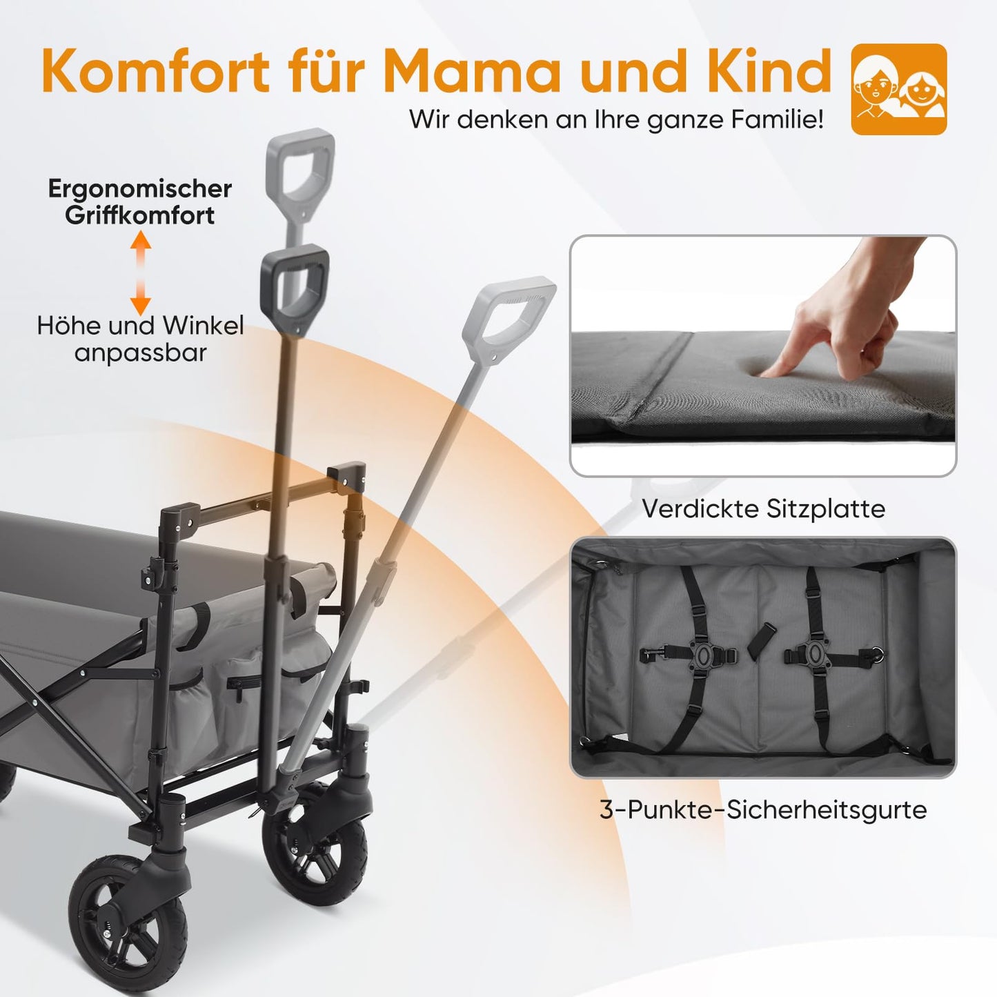 Sekey Folding Wagon with Canopy 2 Kids 220 lbs, Foldable Handcart with Push Handle, Stroller Shockproof PU Wheels with Brakes 110L, SS5050, Gray