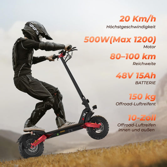 Street-legal e-scooter with 80-100 km range, 48V 15Ah battery, 10-inch off-road pneumatic tires, ABE electric scooter with dual suspension, foldable design, off-road capable for up to 150 KG, LED lights, app connectivity.