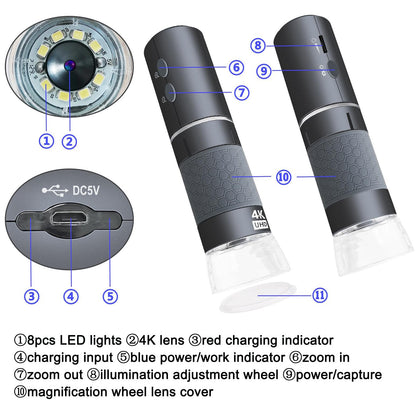 Jiusion WiFi USB Digital Microscope, 50 to 1000X Wireless Magnification Endoscope 4K 3840 x 2160P Camera 8 LEDs with Metal Stand for iPhone iPad Android Mac Windows Linux Chrome