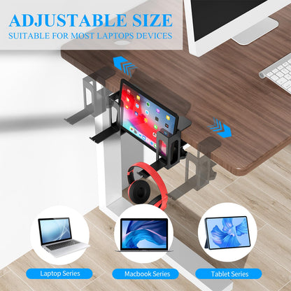 2 Side Hanging Laptop Organizers for Desk, Adjustable Desk Side Storage, Generic Office Desk Side Laptop Holder, Metal Laptop Stand without Drilling (Black)