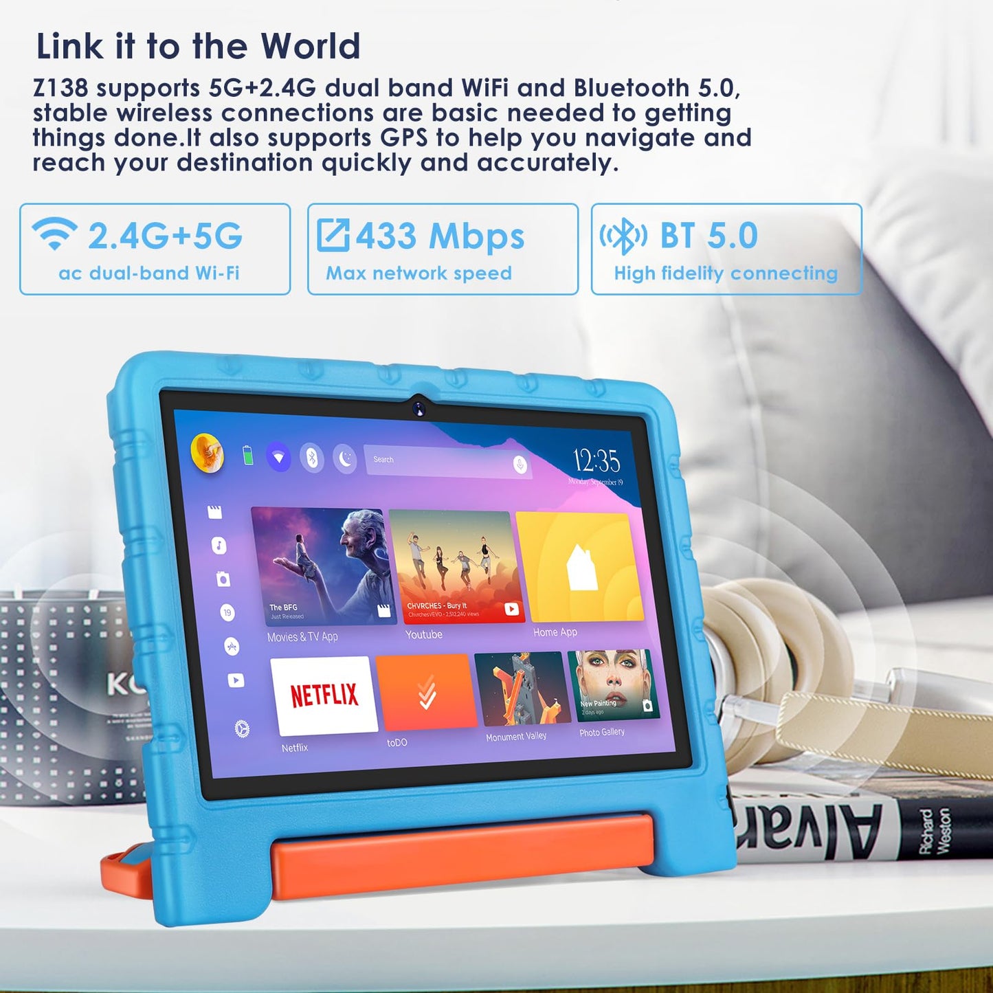 ZIOVO 10-inch Android 13 tablet, 12GB RAM+128GB ROM (expandable up to 1TB), 5G WiFi, BT 5.0, Octa-Core 2.0 GHz, 5+8 MP cameras, AGPS, 6000 mAh battery, Parental Control, tablets with Eva Case - Blue.