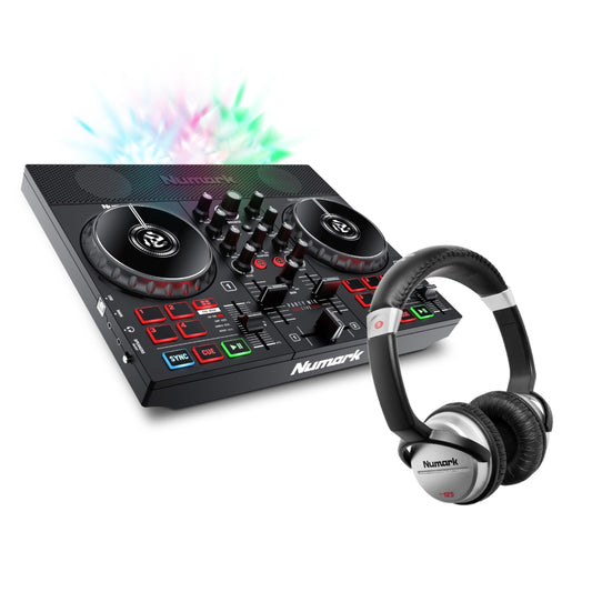 Numark Party Mix Live + HF 125 - DJ Controller set with built-in speakers, light show, mixer, and DJ headphones.
