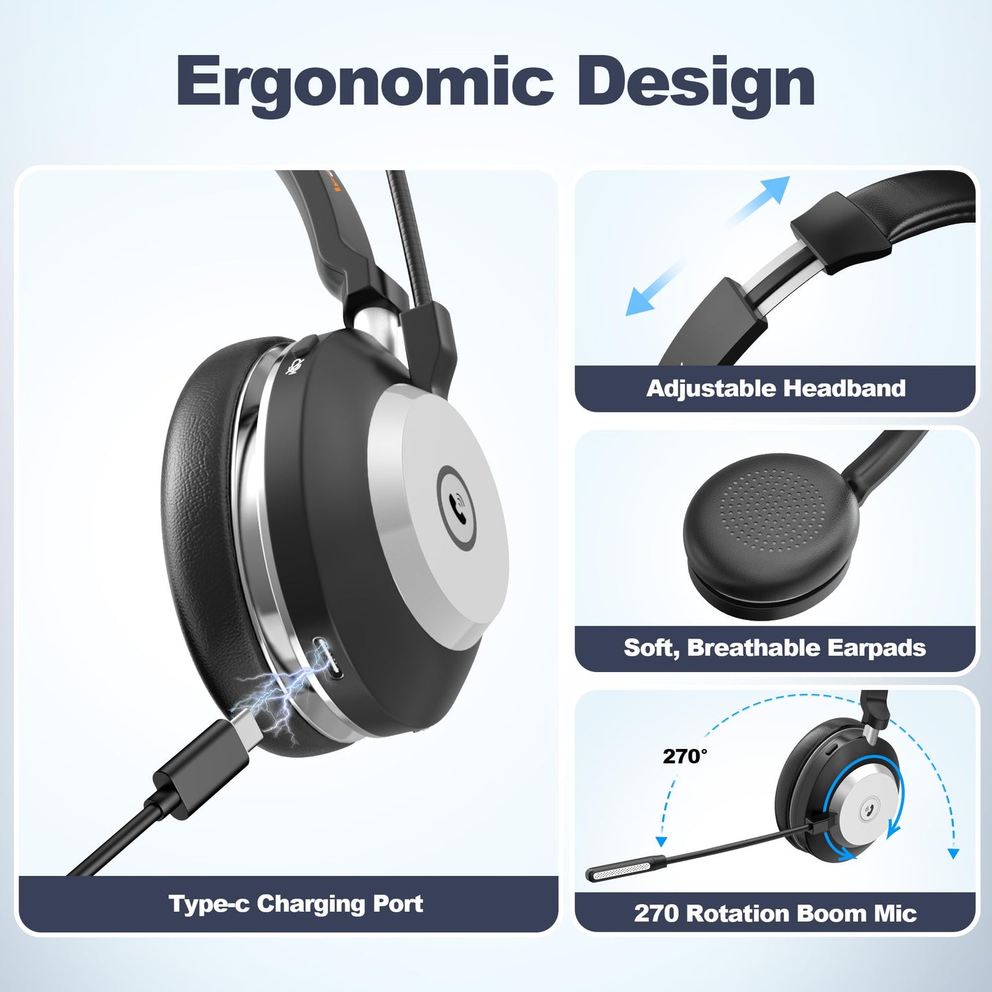Wantek Wireless Headset with Microphone, Bluetooth Headset with Charging Dock, Wireless Headphone with Microphone and USB Dongle, Call Center Headphone for Computer Laptop Teams Office Zoom Skype.