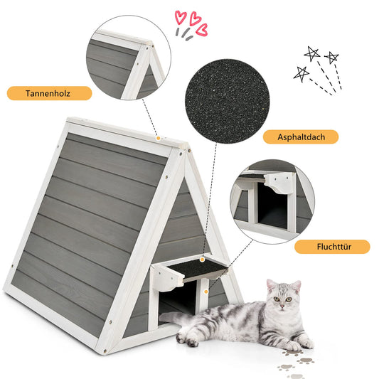 GYMAX 50 x 55 x 52 cm cat house with asphalt roof & door, weatherproof wooden cat cave, suitable for cats up to 20 kg, for indoor & outdoor use.