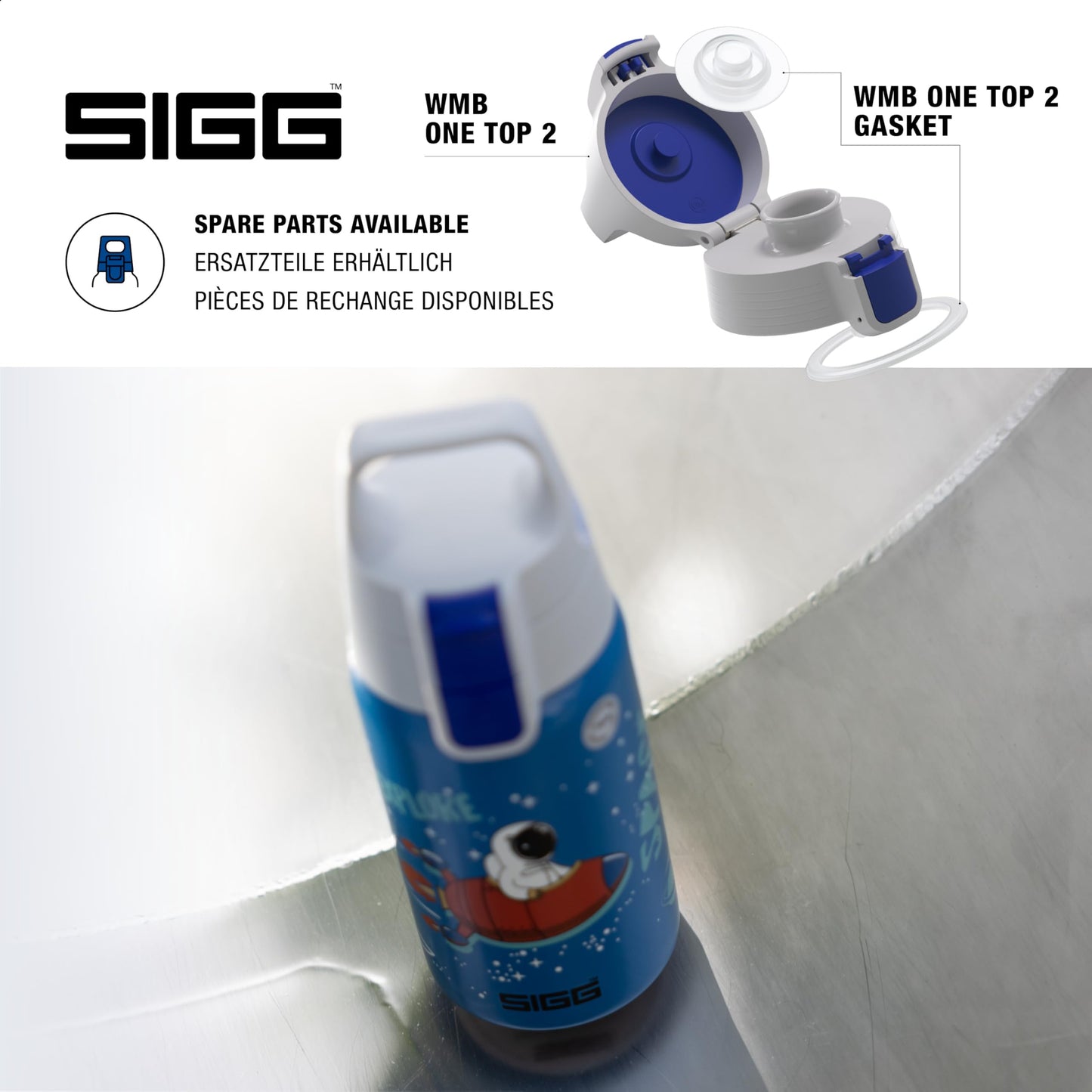 SIGG Shield One Space Kids Water Bottle (0.5 L), stainless steel bottle with leak-proof lid, one-handed operation for easy drinking.