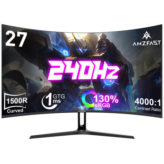 Amzfast Curved Gaming Monitor 27-inch, 240Hz (DP), FHD (1920x1080), sRGB 130%, DCI-P3 98%, VA Panel 1500R, 1ms GtG, Adaptive Sync, Eye-Care, VESA 100x100, HDMI 2.0/DP 1.4 with DP cable - AMZG27C1 Pro