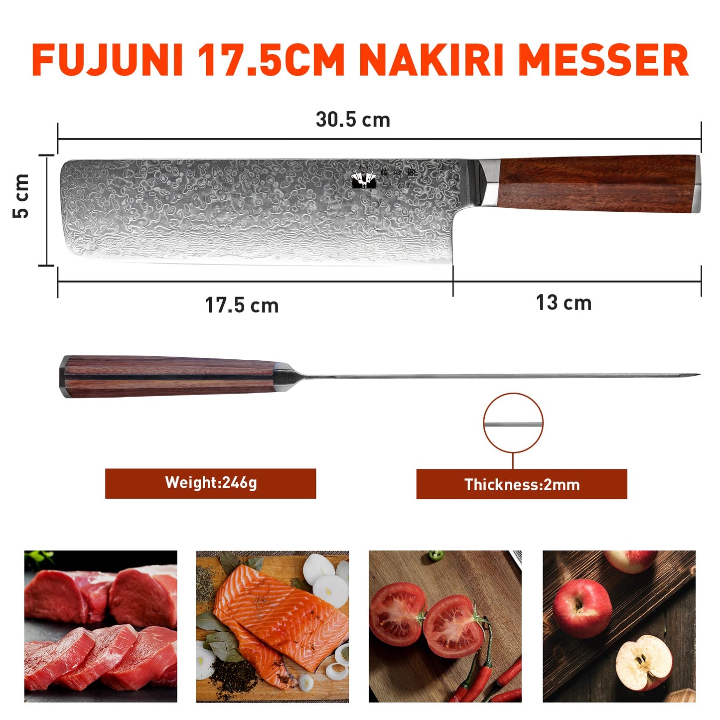 FUJUNI Nakiri Knife Cleaver Knife Damascus Kitchen Knife With Extremely Sharp 17.5 cm Blade Made of 67 Layers Vg-10 Damascus Steel Chinese Chef's Knife, Wooden Handle, Gift Box