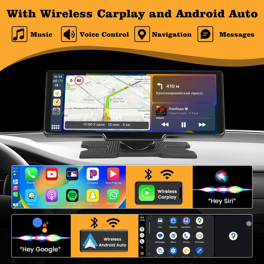 Wireless Carplay Android Auto display with 2.5K front dashcam, 1080P rear camera, 9.3-inch Carplay display with Bluetooth, Mirror Link, FM transmitter, AUX cable, 64GB TF card.