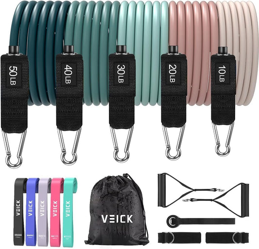 VEICK resistance bands, exercise bands, workout bands, resistance bands with handles for men and women (10-150 pounds + 5 loop bands, Macaron Blue)