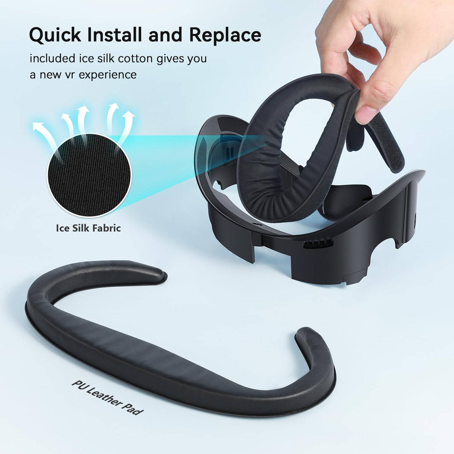 AMVR Face Cover Pad Facial Interface is compatible with Meta/Oculus Quest 3 accessories, featuring a soft PU face cushion pad replacement and Ice Silk Cotton material. Not compatible with Meta Quest 3S.