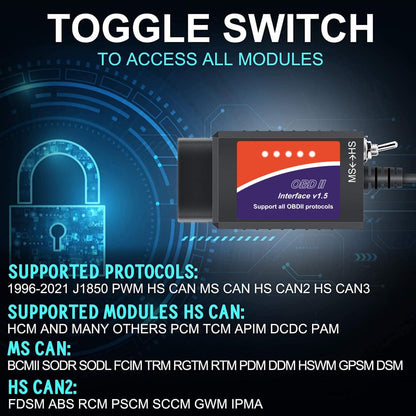 Forscan ELMconfig OBD2 Adapter - USB scanner with MS-CAN/HS-CAN switch - Professional OBDII diagnostic scan tool for Ford and Mazda.