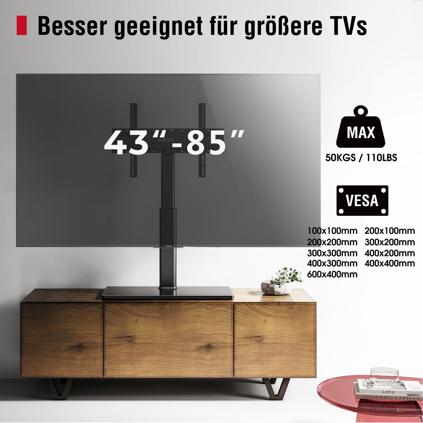 AOKCOS TV stand base TV stand height 1130mm for 43-75 85 inch TVs, tiltable swivel adjustable height TV stand, universal TV stand feet base Max VESA 600x400mm 50KG (black)
