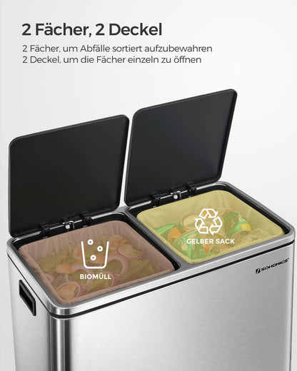 SONGMICS Trash Can, 2 x 30 liters, 2 compartments, waste separation system, pedal bin, kitchen trash can, 15 trash bags, metal, plastic inner bucket, flip lid, soft close, airtight, silver-black LTB60NL